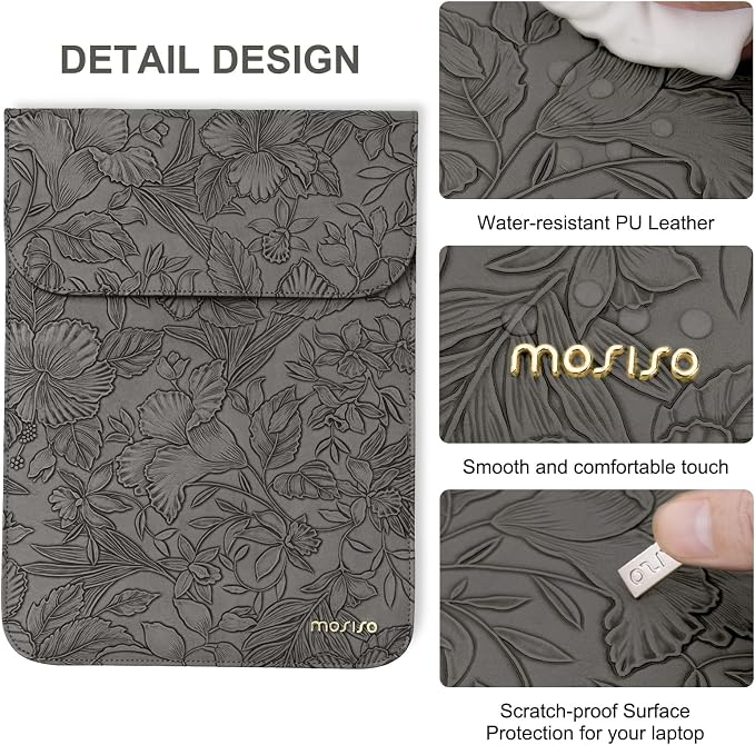 MOSISO Laptop Case 13 inch, 13 inch Laptop Sleeve Compatible with MacBook Air M4 M3 M2 M1 2025-2018 / Pro M2 M1 2025-2016, Embossed Retro Hibiscus PU Leather Case with Small Bag, Gray