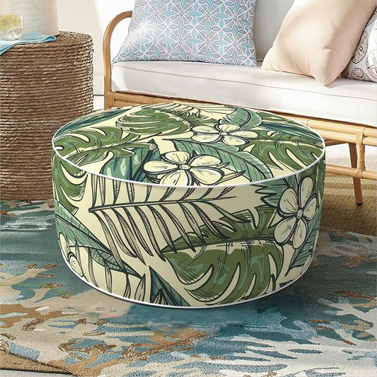DYTXIII Inflatable Ottoman Stool D21 xH9 for Outdoor/Indoor Use, Water Repellent Patio Foot Rest with Portable Handle,Round Pouf Ottoman Suitable for Garden,Deck and Camping-Tropical Paradise