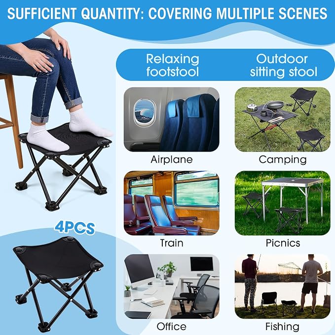 Ripeng 4 Pcs Portable Airplane Travel Foot Rest, Folding Camping Stool, Under Desk Foot Rest at Work for Long Flight, Home and Office Outdoor Hiking Fishing with Carry Bag