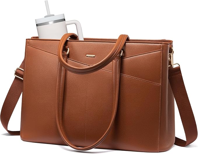 LOVEVOOK Laptop Tote Bag for Women 15.6 Inch Leather Work Bags with Large Cup Holder for Teacher Work Business,Brown