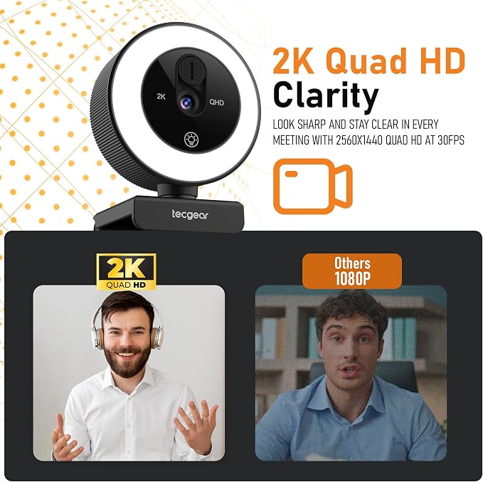 Sentinel GLO 2K Webcam with Light, Microphone, Touch Control, Autofocus, Privacy Shutter & 360° Adjustable | Camera for Computer, Laptop & Mac | USB Video Streaming for Zoom/Skype/Google Meet