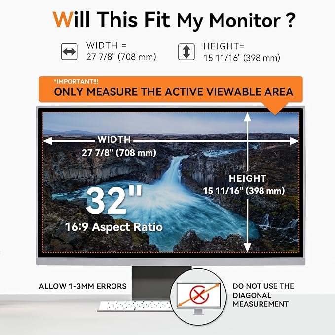 32 Inch Computer Privacy Screen Filter for 16:9 Aspect Ratio Widescreen Monitor - Anti Glare Blue Light Filter, Removable Computer Monitor Privacy Shield, Anti-Scratch Screen Protector Film 32 in