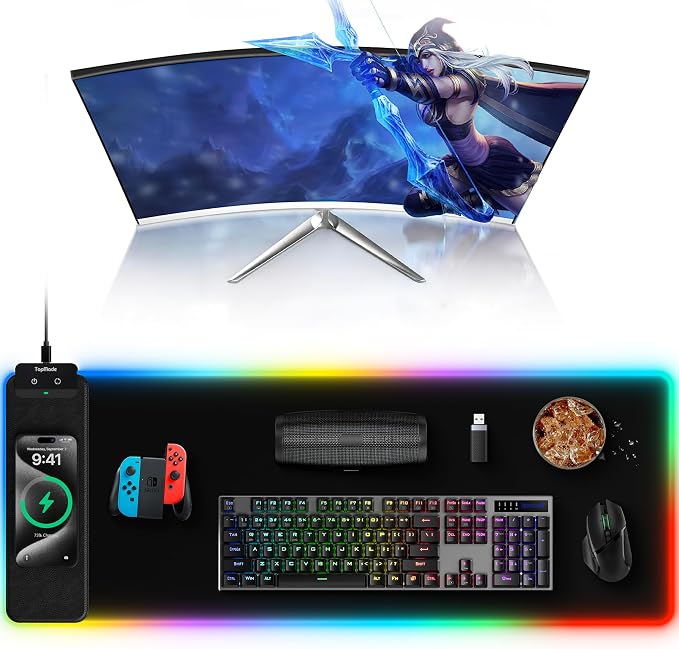 TopMade Mouse Pad with Wireless Charging, 31.5" x 11.81" Large Desk Mat RGB Gaming Mousepad, LED Desk Pad Keyboard Pad with Ultra-Smooth Surface & Non-Slip Rubber Base, Waterproof Desk Pad