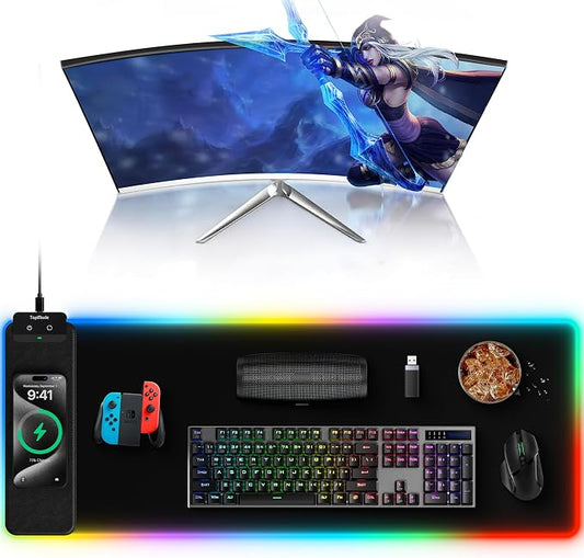 TopMade Mouse Pad with Wireless Charging, 31.5" x 11.81" Large Desk Mat RGB Gaming Mousepad, LED Desk Pad Keyboard Pad with Ultra-Smooth Surface & Non-Slip Rubber Base, Waterproof Desk Pad