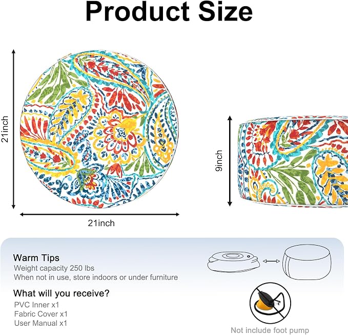 DYTXIII Inflatable Ottoman Stool D21 xH9 for Outdoor/Indoor Use, Water Repellent Patio Foot Rest Stool with Portable Handle,Round Pouf Ottoman Suitable for Garden,Deck and Camping - Paisley Multi