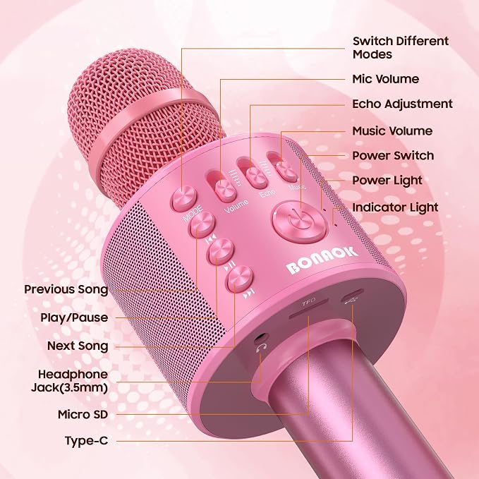BONAOK Wireless Bluetooth Karaoke Microphone,3-in-1 Portable Handheld Karaoke Mic Speaker Machine Home Party Birthday for All Smartphones Q37 (P-Ink)