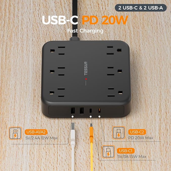 TESSAN 15Ft Black Extension Cord with Multiple Outlets, Surge Protector Power Strip with 6 Outlets and 4 USB Ports (2 USB C), 2100 Joules Protection, Flat Plug, Outlet Extender for Home, Office, Dorm