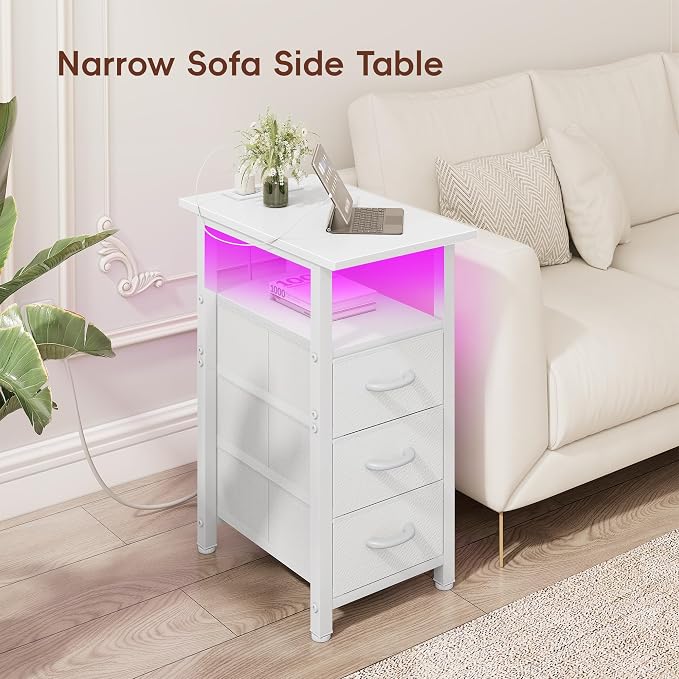 Vagusicc Set of 2 White Nightstand with Charging Station and LED Lights, Narrow End Table, LED Night Stand with 3 Fabric Drawers for Bedroom, Small Bedside Table, Narrow Side Table for Small Spaces