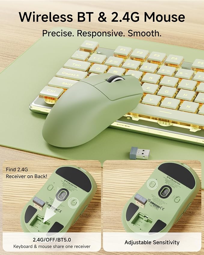 Wireless Keyboard and Mouse Combo with White Backlit Pudding Keycaps, Bluetooth & 2.4G, 2000mAh Rechargeable, Full Size, Metal Panel Quiet Computer Keyboard Set for Windows PC Desktop - Green