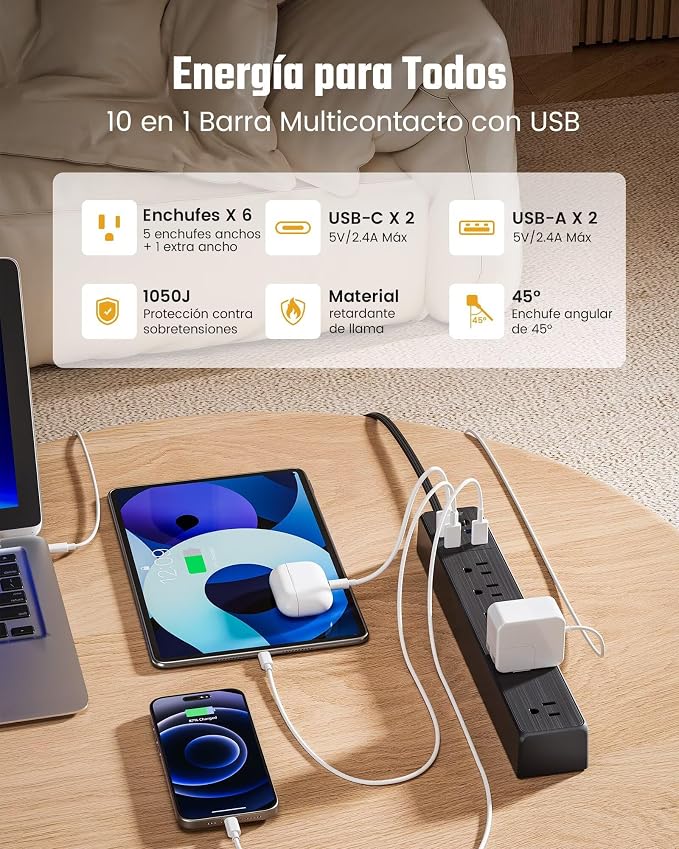 Power Strip USB Surge Protector, SUPERDANNY Mountable Extension Cord with USB 5 Outlets 3 USB Ports with Hook & Loop Fastener for iPhone iPad PC Home Office Travel (9.8ft, Black)