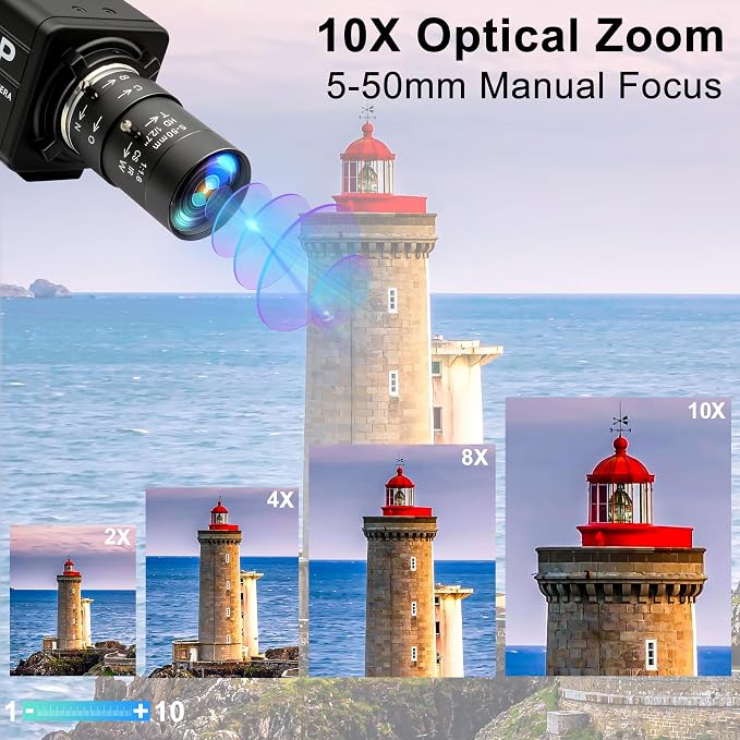 MMlove 8MP USB Camera High Speed 30fps 5-50mm 10X Optical Zoom Lens 2448P USB Webcam Manual Close up Zoom in and Out Golf Swing Camera for Industrial Machine Vision Support PC Raspberry Pi