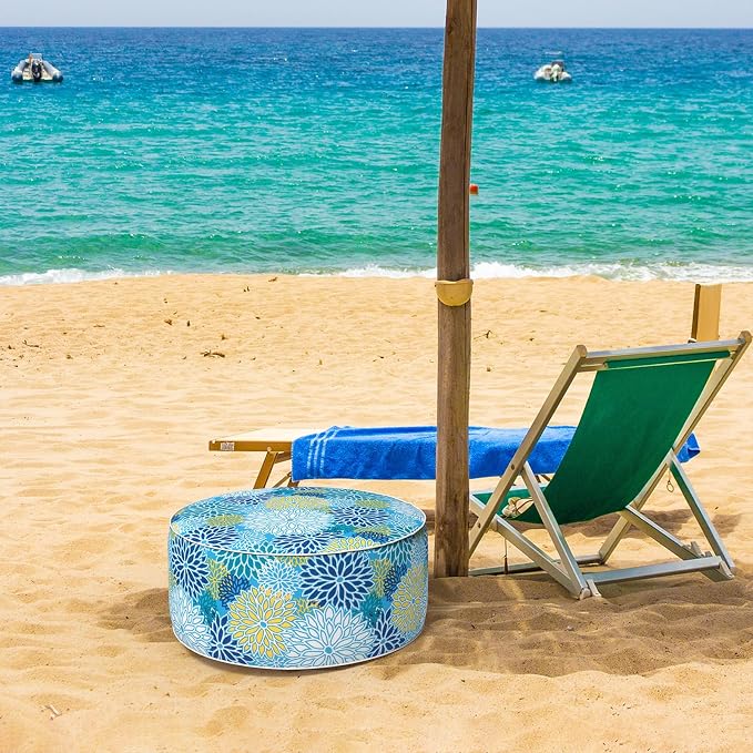 DYTXIII Inflatable Ottoman Stool D21 xH9 for Outdoor/Indoor Use, Water Repellent Patio Foot Rest Stool with Portable Handle,Round Pouf Ottoman Suitable for Garden,Deck and Camping - Dahlia Blue
