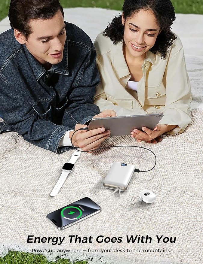 Portable Charger 50000mAh with Built-in Cables and AC Wall Plug, 22.5W Fast Charging Power Bank with LED Display for iPhone 17/16, Samsung, Android Devices, Camping, Road Trips and Travel, White