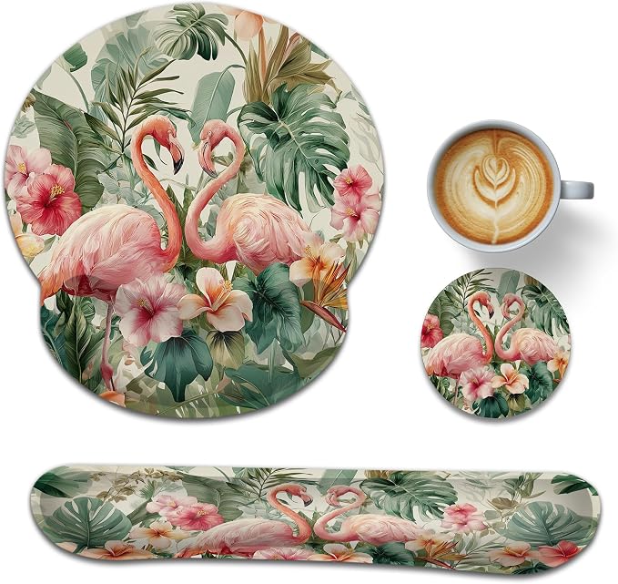 Flamingos Ergonomic Memory Foam Wrist Rest Set for Keyboard and Mouse,Palm Leaves Hibiscus Flowers Supportive Mouse Pad with Non Slip Base for Office Work and Gaming