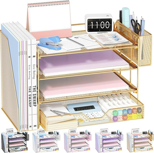 OPNICE Desk Organizers and Accessories, 4-Tier Office Desk Accessories & Workspace Organizers with Drawer and Pen Holder, Desktop Paper Tray File Organizer for Home Office Supplies, Gold
