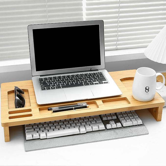 Vaiyer Bamboo Laptop Monitor Stand Riser - 23 Inch Wooden Desktop Storage Organizer Shelf for Computer Laptop Printer TV Cellphone Stand Desktop Monitor