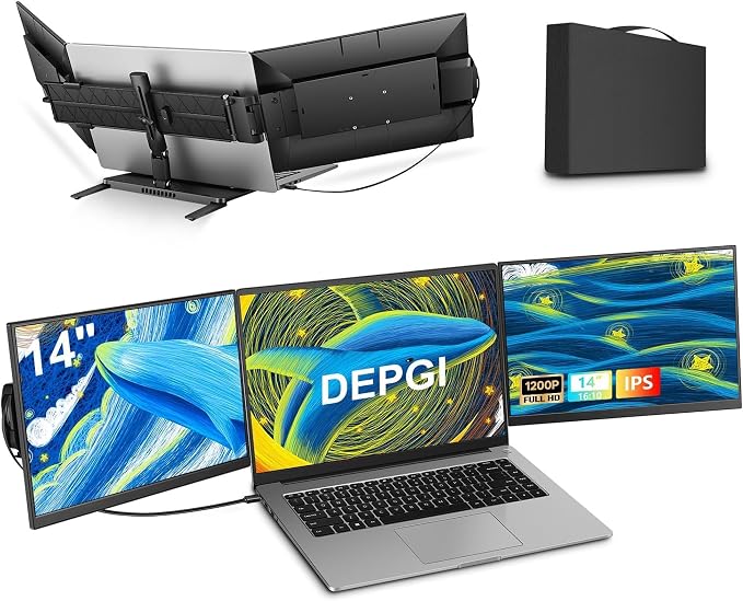 DEPGI 14" Laptop Screen Extender Built-in Cooler, 1200P FHD One Cable Connect Portable Triple Monitor, Dual Screen Monitor Fits 13"-17.3" Laptop with Stand for MacOS/Windows