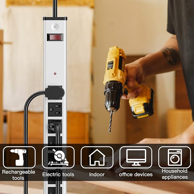 Oviitech10 Outlets Aluminum Power Strip Metal Socket Heavy Duty with 6 Ft Extension Cord, Workshop, Industrial, 15A, 125V, 1875W. Silver and Black