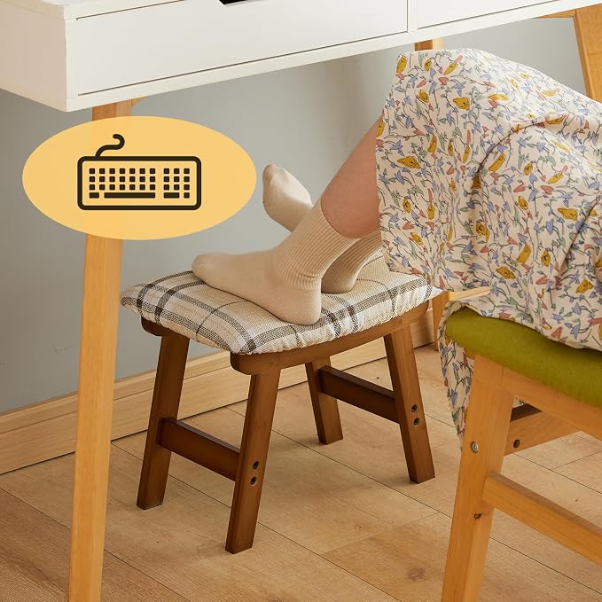 Foot Stool Ottoman Foot Rest Under Desk,Small Stool for Living Room, Bedroom and Kitchen (Brown Legs - Stripes Stool Surface)