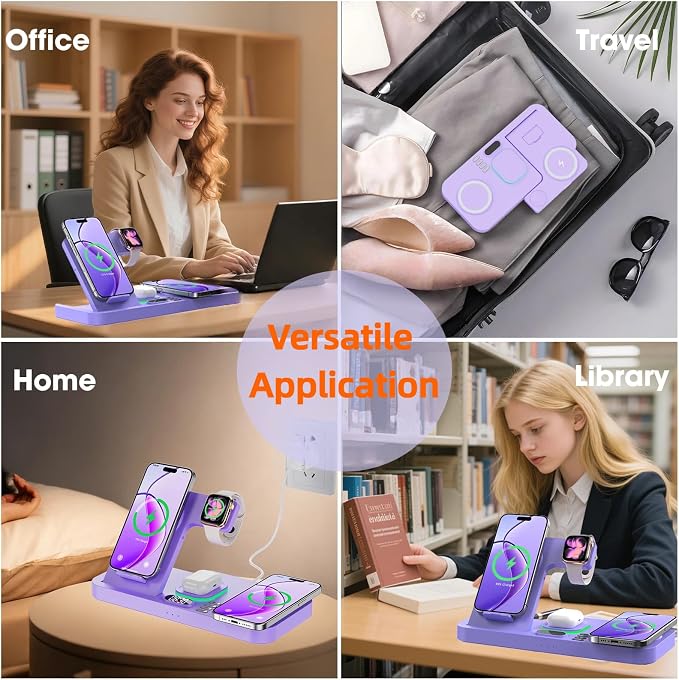Dual Phone Magnetic Wireless Charging Station for Apple Devices/Apple Ecosystem, 7-Color Auto Light & 12H Clock, Multi-Device Charger for iPhone 17/16/15, for iWatch 11/10/9 & AirPods Pro3(Purple