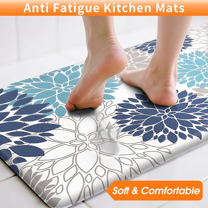 StepLively Kitchen Mats for Floor, 0.47" Anti Fatigue Mats for Kitchen Floor, Kitchen Decor and Accessories Non Slip Washable Mats Set of 2 for Sink, Laundry, 17.3"×30"+17.3"×47", Blue and White
