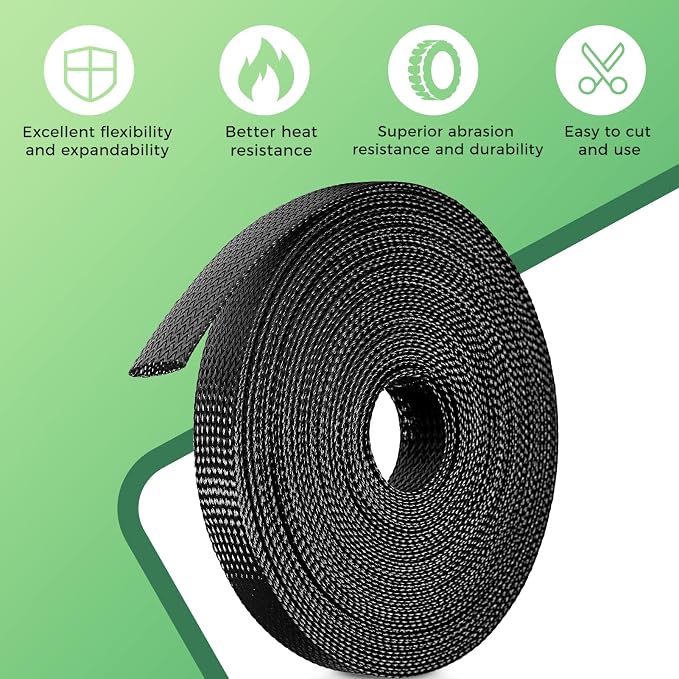 132 ft Expandable Braided Cable Sleeve Wire Loom PET Wiring Sleeving, Mesh Automotive Split Sheathing Wrap Management Heat Shrink for Audio and Other Home Device (1/2 in, 1/4 in, 3/8 in,3/4 in,Black)
