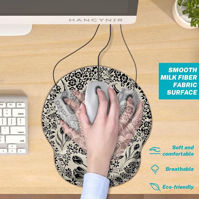 Hancynir Goth Bat Floral Ergonomic Mouse Pad with Wrist Rest, Gothic Flowers Gaming Mousepad Wrist Support, Funny Computer Mouse Pad with Non-Slip PU Base for Desk Accessories Office Decor Supplies