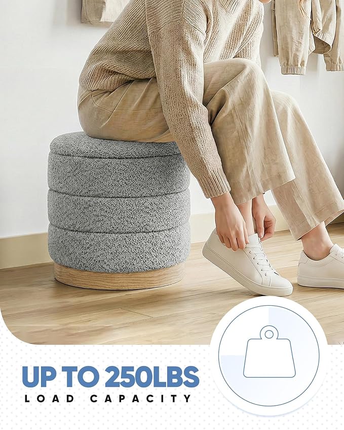 B FSOBEIIALEO Round Storage Ottoman with Tray, Folding Ottoman with Storage Coffee Table Foot Rest for Dorm Room Living Room Chenille Fabric,Grey,15.35"x15.35"x14.57"
