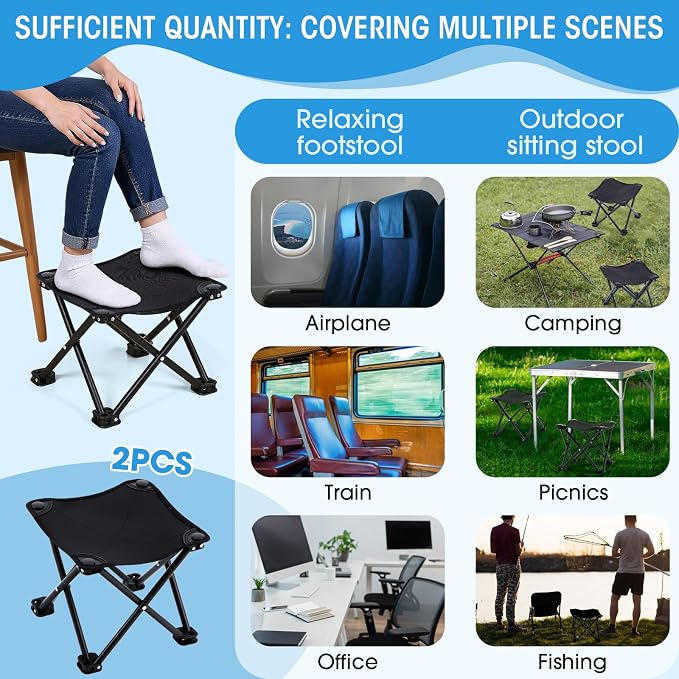 Ripeng 2 Pcs Portable Airplane Travel Foot Rest, Folding Camping Stool, Under Desk Foot Rest at Work for Long Flight, Home and Office Outdoor Hiking Fishing with Carry Bag