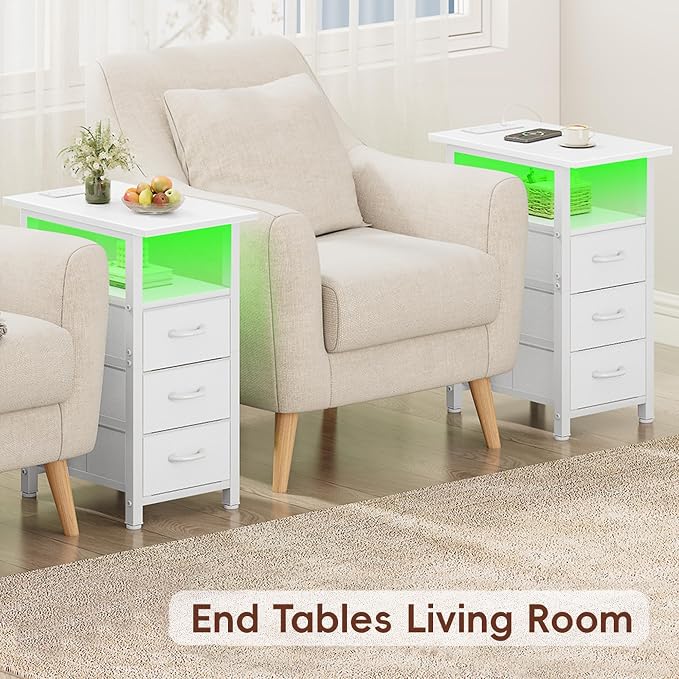 Vagusicc Set of 2 White Nightstand with Charging Station and LED Lights, Narrow End Table, LED Night Stand with 3 Fabric Drawers for Bedroom, Small Bedside Table, Narrow Side Table for Small Spaces