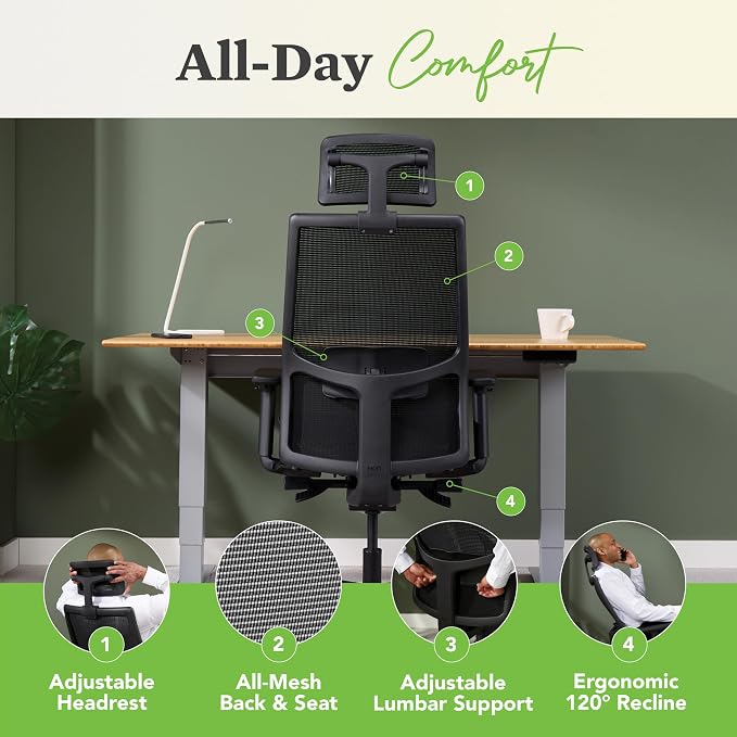 HON Ignition 2.0 Ergonomic Office Chair with Headrest, Mesh Desk Chair with Lumbar Support, Synchro‑Tilt Recline, Height and Width Adjustable Arms, Swivel Wheels, Black Frame, Black