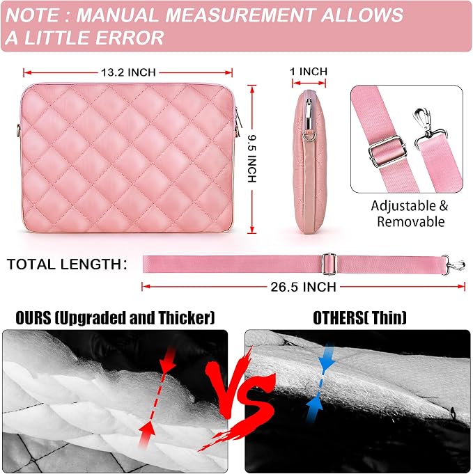 Puffy Quilted Laptop Sleeve with a Removable Shoulder Strap Compatible with MacBook Air 13 inch M2 A2681 M1 A2337 A2179 A1932 2023-2018/Pro 13 M2 M1 A2338 A2251 A2289 A2159 A1989 A1706 A1708