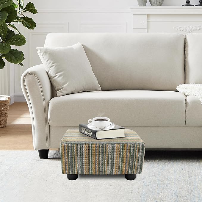 CAROLMADE Small Foot Stool Ottoman Footstool with Legs Under Desk Footrest for Living Room Bedroom and Office,Linen-Stripe Green