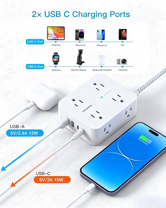 HANYCONY 5 Ft Braided Extension Cord with Ultra-Thin Flat Plug, 8 Widely Spaced Outlets and 4 USB Ports (2 USB C), 1080J Surge Protector Power Strip, Small Desktop Charging Station for Dorm Room