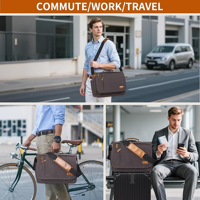 ESTARER Laptop Messenger Bag 17-17.3 Inch Water-resistant Canvas Shoulder Bag for Work College, Grey