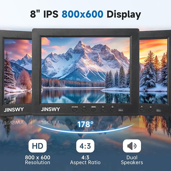 8" Security Monitor, 800x600 HD Display, HDMI VGA BNC AV USB Ports, Small Monitor with Built-in Speakers & Remote Control, for CCTV Surveillance, DVR, PC, Raspberry Pi