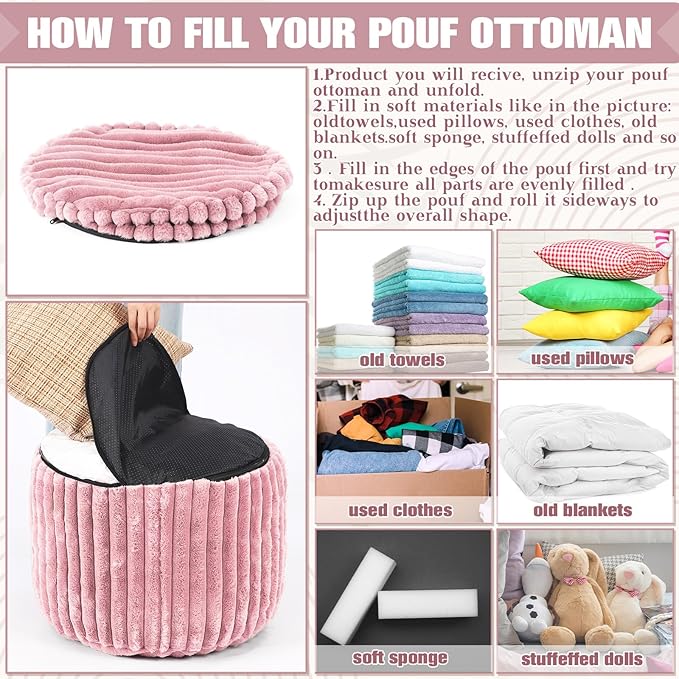 Teenyyou 2 Pcs 20 x 15 Inch Unstuffed Pouf Cover Ottoman Foot Rest - No Filler, Faux Rabbit Fur Foot Stool Floor Bean Bag Floor Chair Storage for Living Room Bedroom Home Decor(Pink)