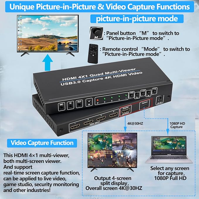 4K HDMI 4X1 Multiviewer with PIP USB3.0 Video Capture SIGRAPID Screen Divider 4 HDMI in 1HDMI and 1USB3.0 Video Capture Out Seamless Switch Display Supports IR/MC/Audio 4K@30Hz(YUV) 10 View Modes etc.