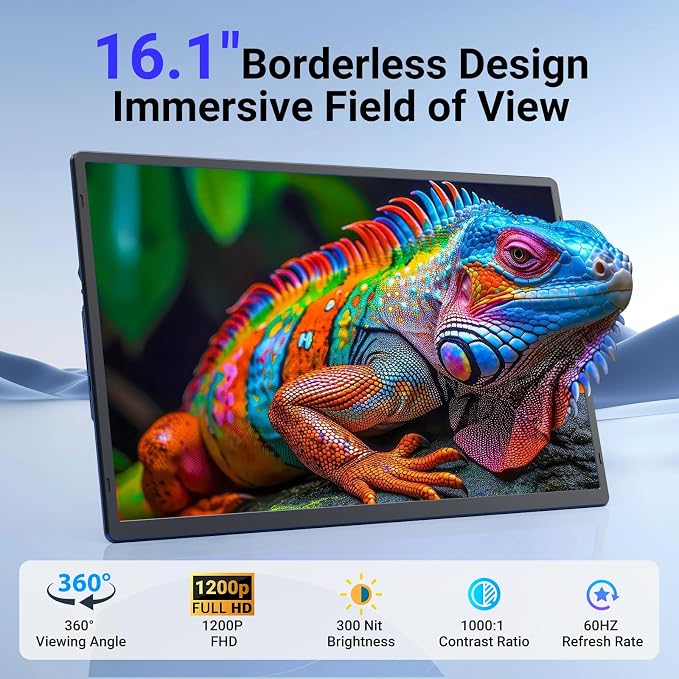 Ygretyrjh 16.1" Laptop Screen Extender, 1200P FHD Portable Monitor for Laptop, 360° Rotating, Plug & Play, Detachable Stand, Height Adjustable, Seamless Frame, Travel Monitor for Mac/OS/Win/Chrome/Dex