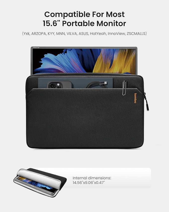 tomtoc Light-A18 Slim 15.6 Inch Portable Monitor Case with Acessories Storage, Light Protective Carrying Sleeve for Most 15.6 in Portable Monitors with Eco-Friendly Fabric