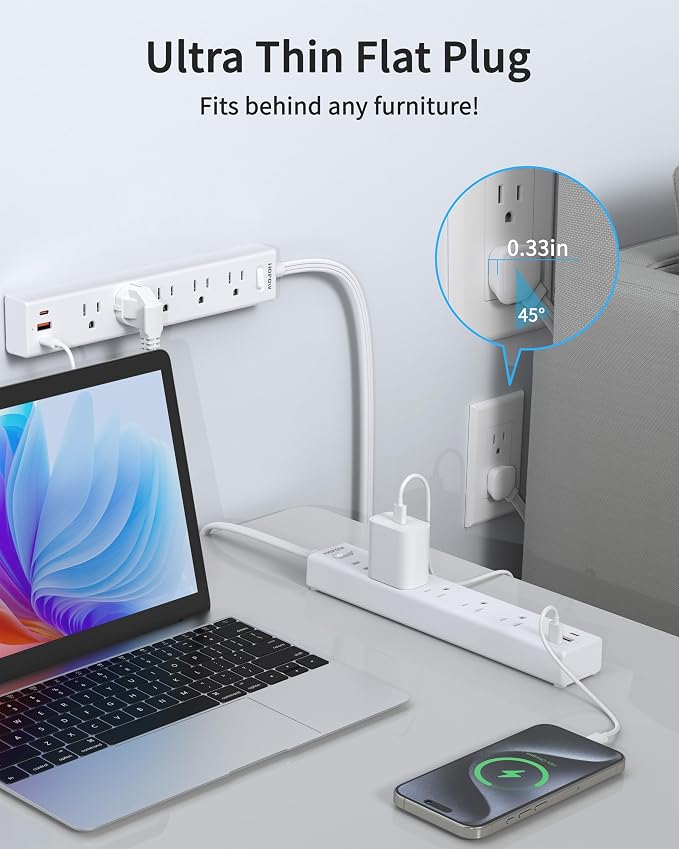 HOPOW Power Strip Surge Protector, 2 Pack, 6 Ft Ultra Thin Flat Extension Cord, Surge Protector with 5 Outlets & 3 USB Ports (2 USB C), 1700 Joules, 3-Prong, Wall Mount for Home Office Dorm, White