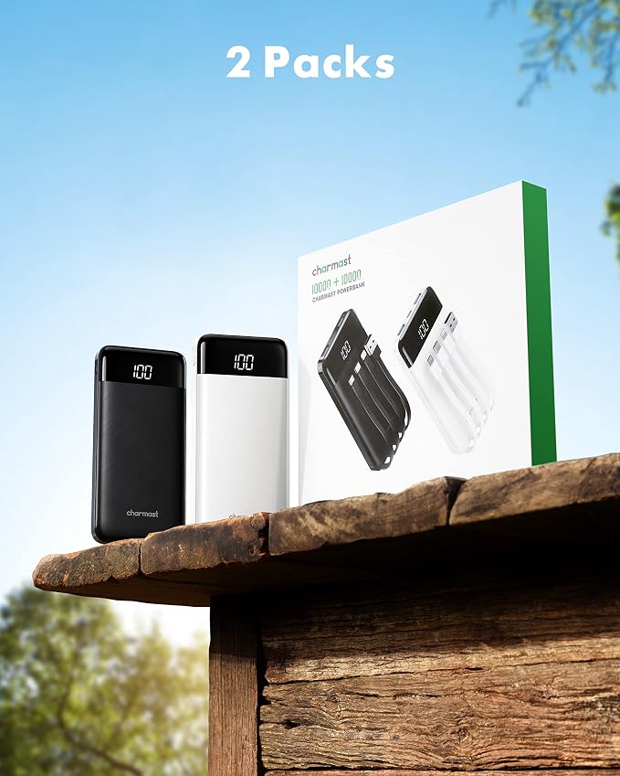 charmast 2 Pack 10000mAh Portable Charger, Power Bank with Built-in 4 Cables, 6 Outputs & 3 Inputs, Battery Pack with Digital Display, Travel Essential for iPhone All Series & Android, Family Sharing