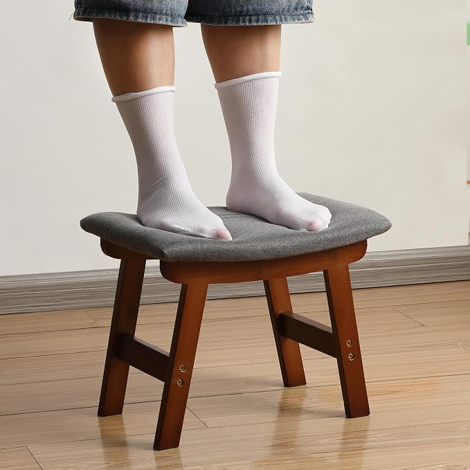 BAMBOO LAND- Bamboo Foot Stools Ottoman, Gray Cushion & Brown Wood Legs, Small Ottoman Foot Rest for Couch