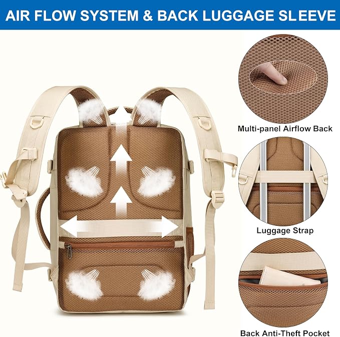 Travel Backpack for Women Airline Approved Carry On Backpack with Shoe Pouch,TSA 15.6inch Laptop Mochila Flight Approved Personal Item Bag for Weekender Overnight Bags Bookbag Travel Essentials,Beige