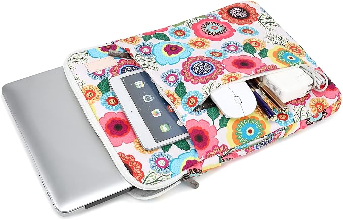 360° Protective Laptop Sleeve Case Bag with 3 Pockets,Handle,Luggage Strap for MacBook Pro 14 inch and 14 inch-14.4 inch Screen Laptop (Flowers)