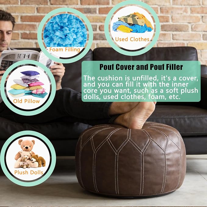 Thgonwid Unstuffed Moroccan Faux Leather Pouf Ottoman with Storage - Handmade Boho Chic Multi-Use Footrest for Living Room, Bedroom, Patio - Round Ethnic Floor Cushion & Decorative Accent, Deep Coffee