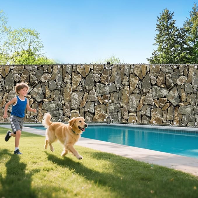 UPGRADE 4'x15'Customized PVC Privacy Fence Screen with Stone Wall Print – Outdoor Waterproof Patio Privacy Cover for Yard, Balcony, Garden Fence Decoration