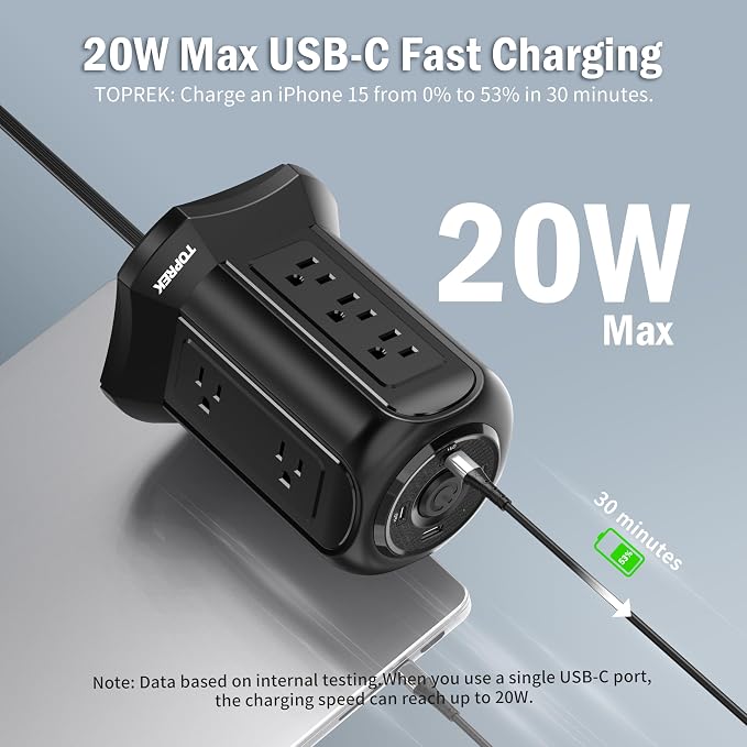 TOPREK Power Strip Surge Protector Tower (2100J) – 10 Outlets, 2 USB-C (20W PD3.0 Fast Charging), 2 USB-A, Flat Plug 6.5FT Extension Cord for Home Office, Dorm, and Multiple Devices Charging Station
