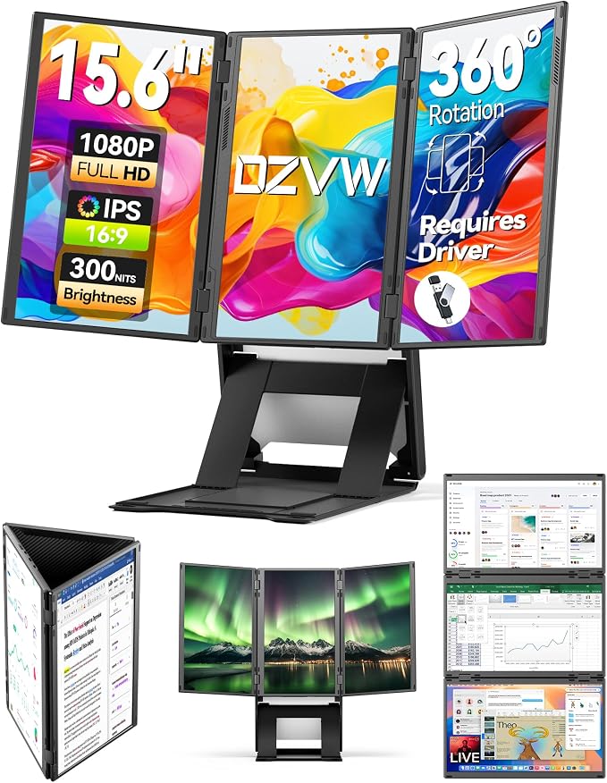 Quad Laptop Screen Extender 15.6" FHD 1080P Quad Monitor, Three Screen Combine into One Giant Canvas with 1 Cable, Driver＆Power Required, Compatible with Wins & Mac(M1/M2/ M3)