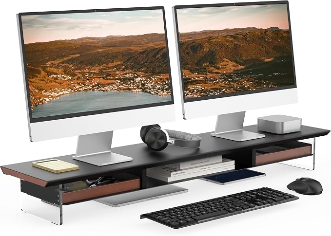 Fenge 42.5” Dual Monitor Stand Riser with 2 Felt-Lined Drawers, Aesthetic Metal and Wood Monitor Shelf with Acrylic Legs, 2-Tier Desk Organizer for 2 Monitors, Laptop, Printer, TV, Black